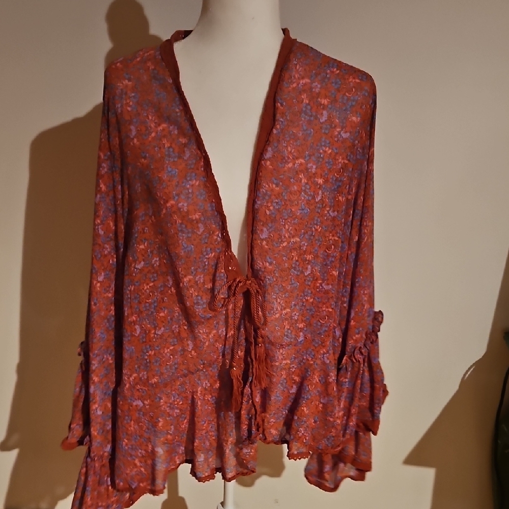 Free People Rust and Blue Floral Top
